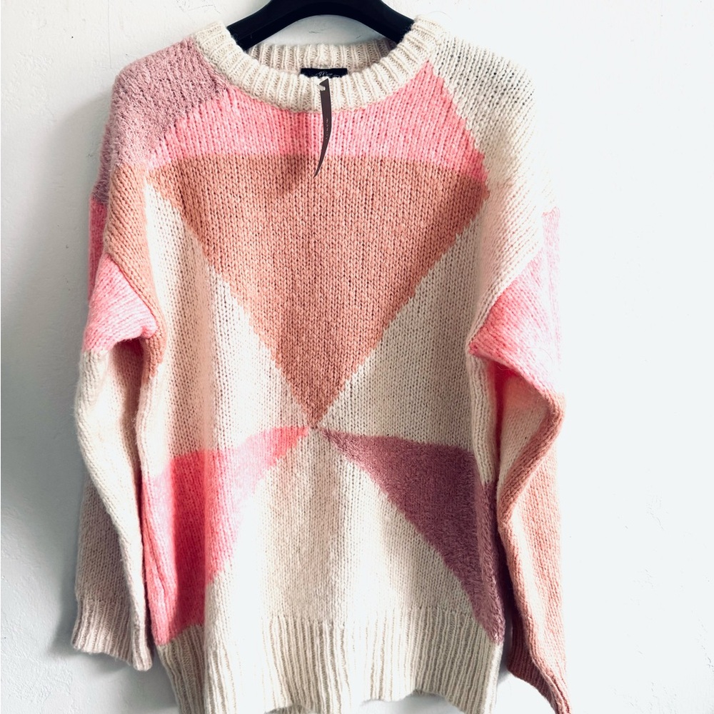 J. Crew NWT Cream Tan Pink Mauve Cozy Geo Abstract Soft Knit Oversized Sweater